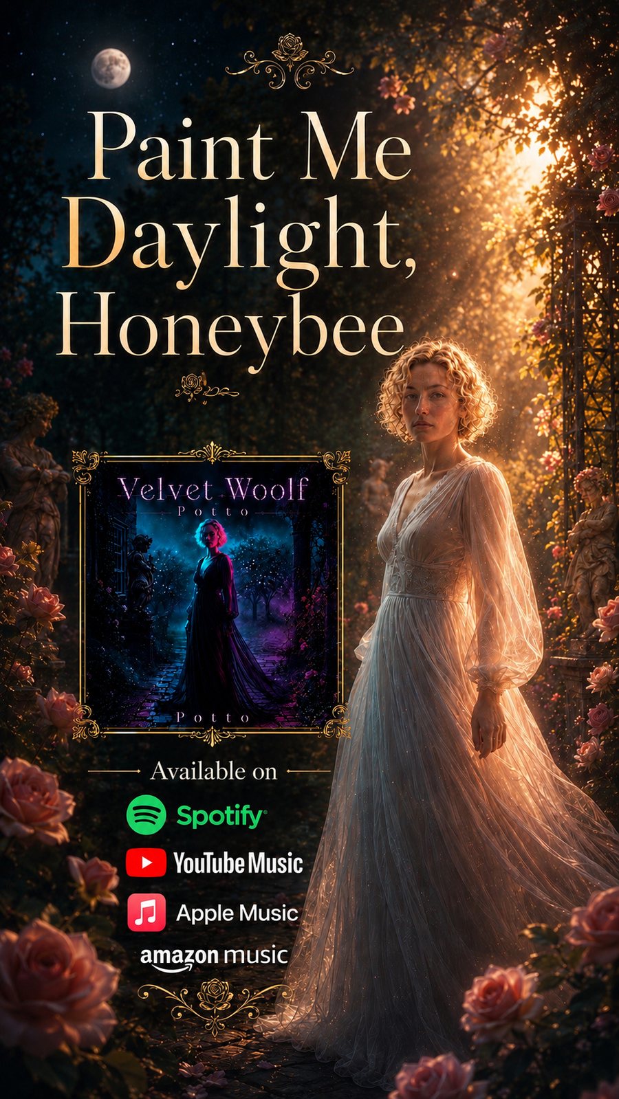 Poster for Paint Me Daylight, Honeybee: a woman in a pale gown in a moonlit rose garden, the Velvet Woolf cover in a gold frame beside her