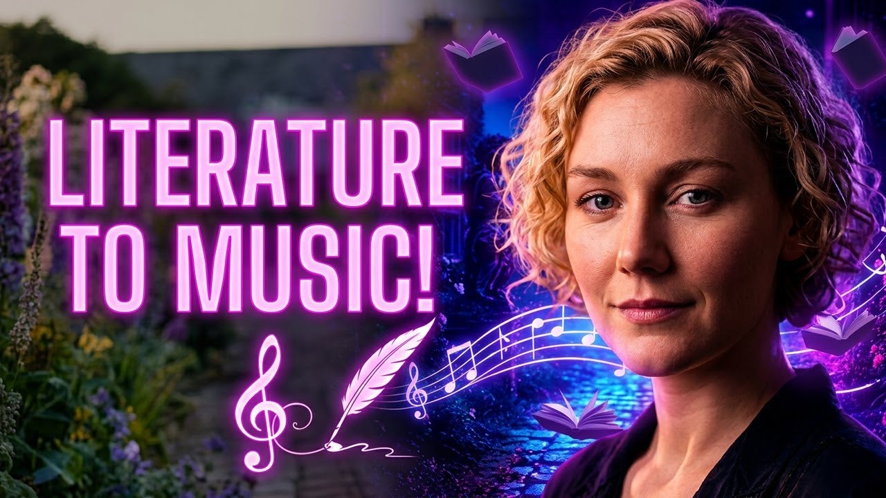 Video thumbnail: Literature to Music! Potto in a moonlit garden with glowing music notes, a quill and floating books