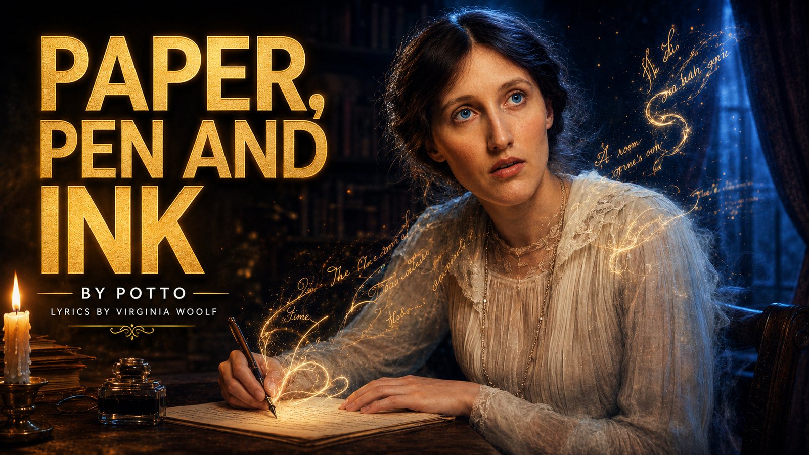 Paper, Pen and Ink: a woman writes with a fountain pen by candlelight, golden handwriting lifting off the page and drifting across the dark room